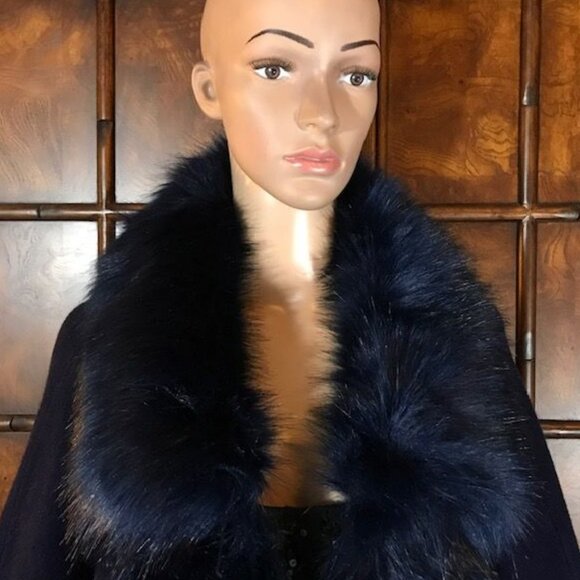 Aphratti Navy Blue Faux Fur Luxe Cape Cardigan Topper - Picture 8 of 15